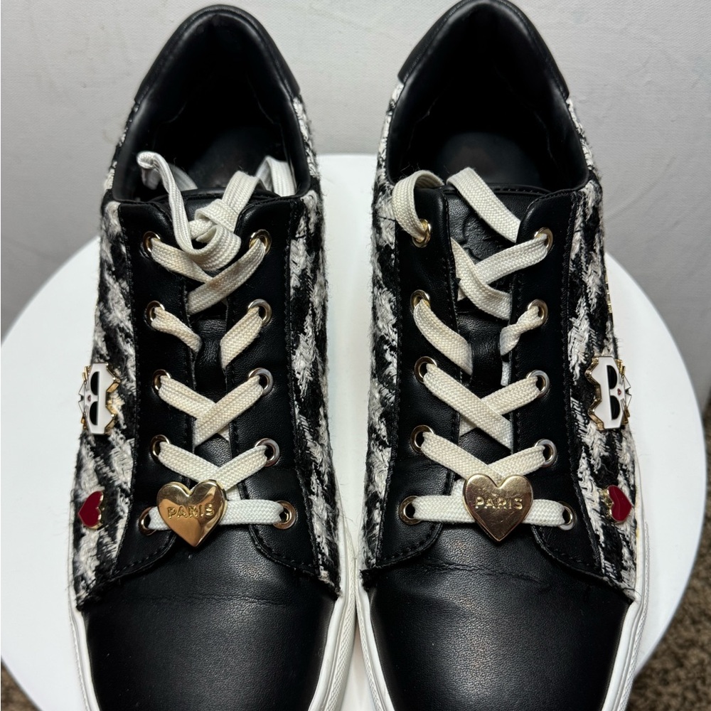 Karl Lagerfeld Black & White Tweed Accent Sneakers with Gold Heart Charm